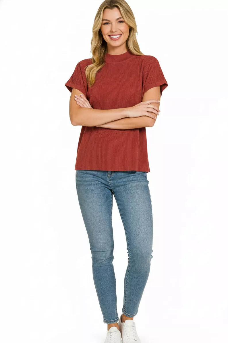 Zenana Viscose Mock Neck Short Sleeve Boxy Sweater Knit Top in Rust