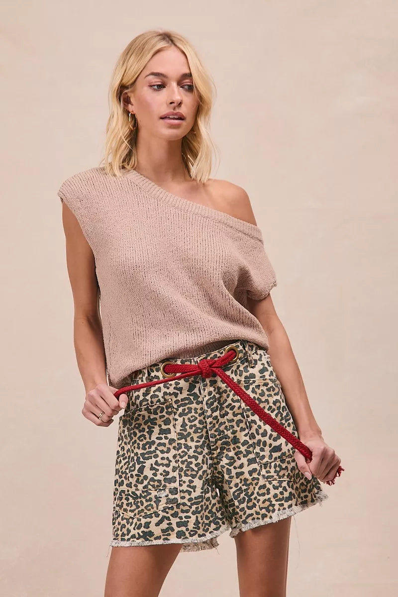 Bibi Leopard Print Shorts with Braided Waist Belt and Patch Pockets