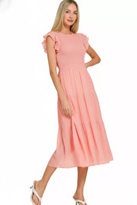 Zenana Woven Smocked Ruffle Sleeve Midi Dress in Dark Pink