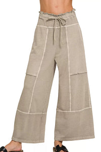 Zenana French Terry Washed Exposed Seam Wide Leg Pants in Ash Mocha