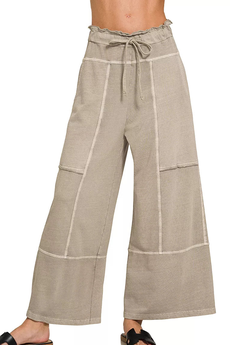 Zenana French Terry Washed Exposed Seam Wide Leg Pants in Ash Mocha