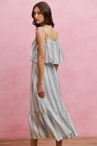 So Me Nautical Stripe Tiered Shoulder Tie Midi Dress