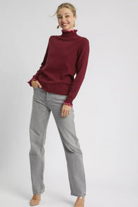 Umgee Contrast Ruffle Trim Burgundy Sweater