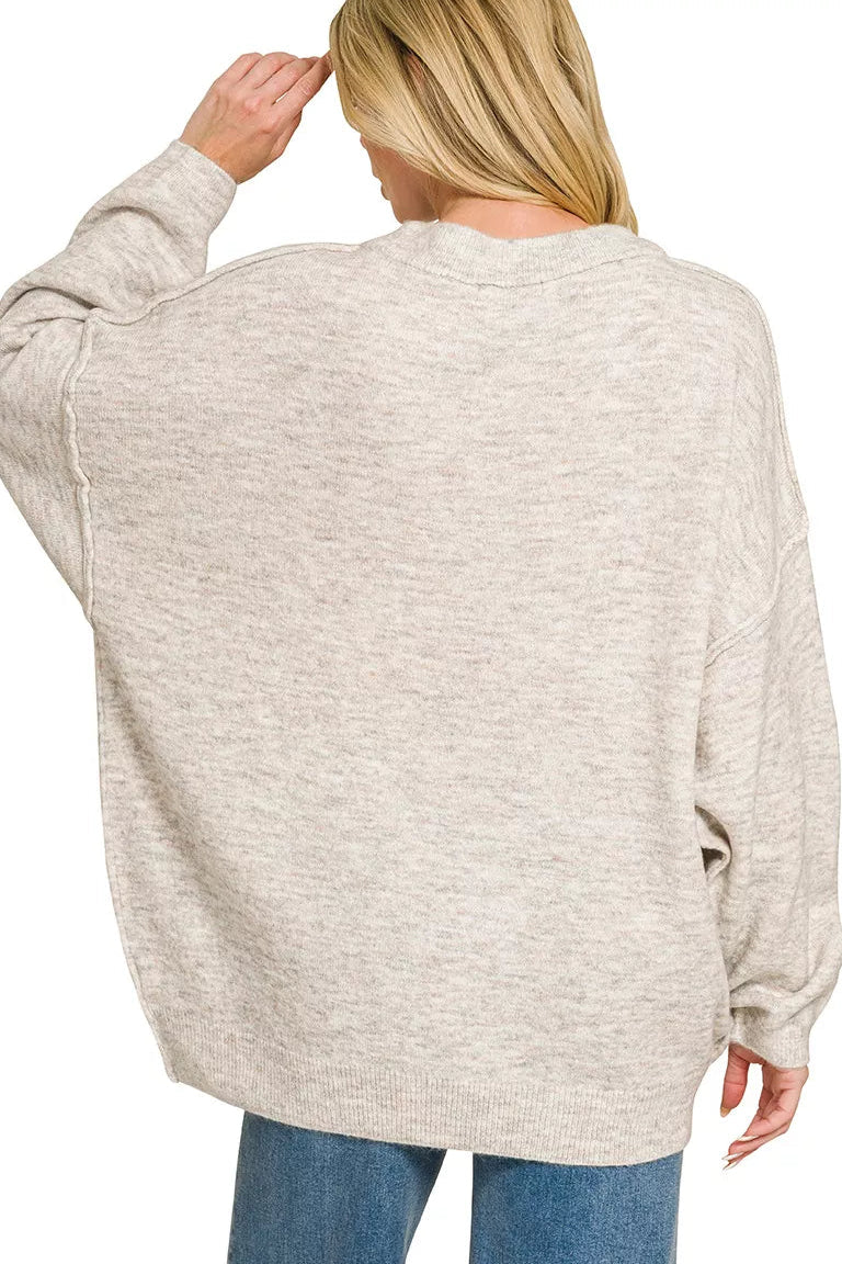 Zenana Oversized Exposed Seam Melange Sweater in Bone