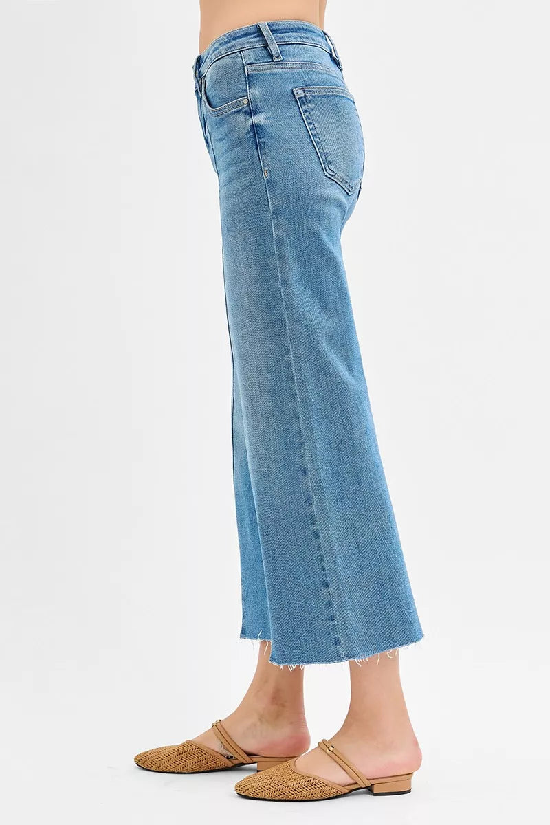 Risen Mid Rise Tummy Control Crop Wide Leg Front Slit Jeans