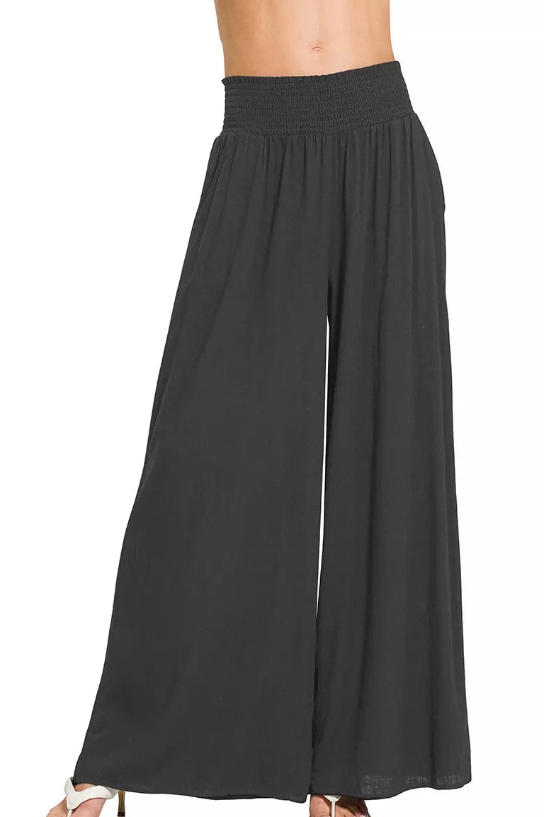 Zenana Smocked Waistband Wide Leg Pants in Black