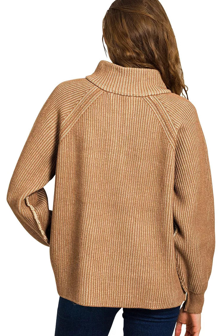 Zenana Ribbed Two Tone Half Zip Sweater in Deep Camel/Light Mocha