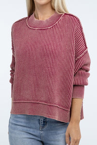 Ribbed Exposed Seam Round Neck Dropped Shoulder Sweater