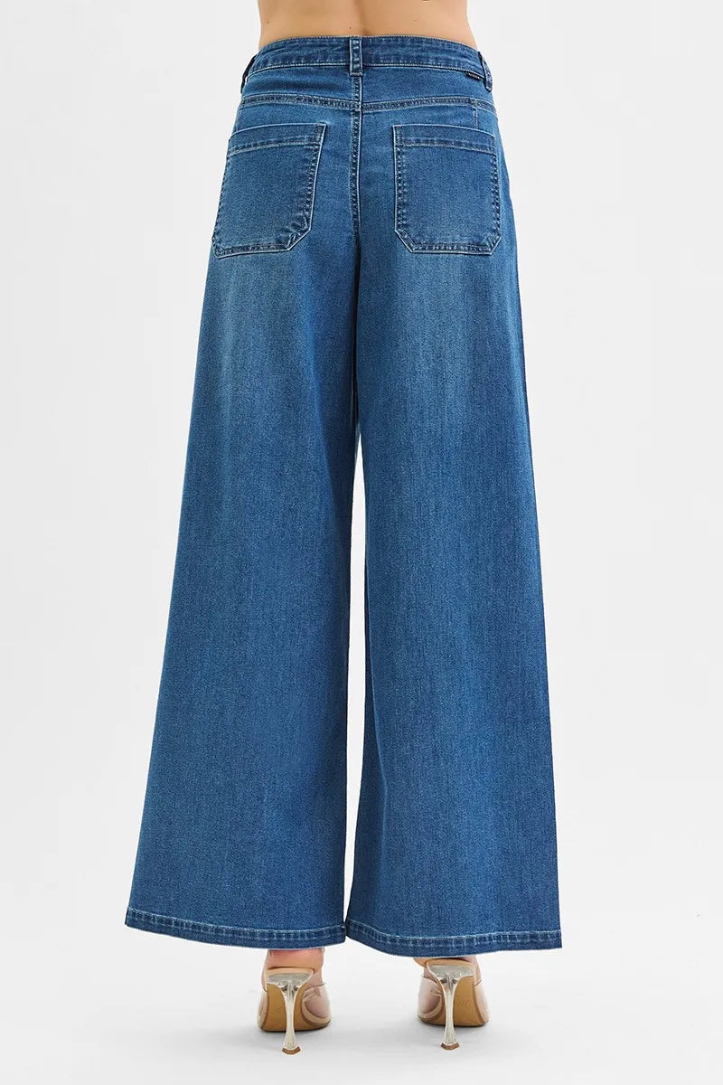 Risen High Rise Wide Leg Knit Denim Pants
