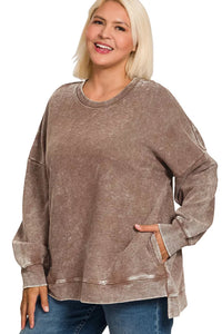 Acid Washed Double Ribbed Hi-low Pullover Sweatshirt in Brown