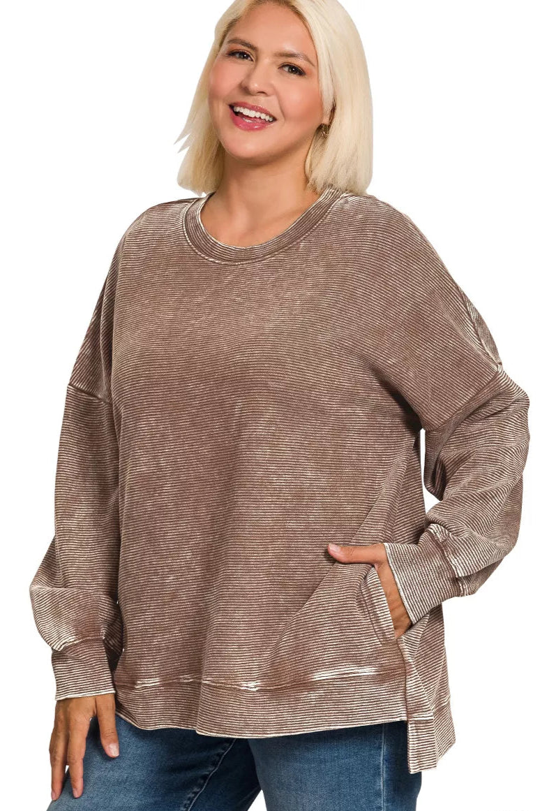 Acid Washed Double Ribbed Hi-low Pullover Sweatshirt in Brown