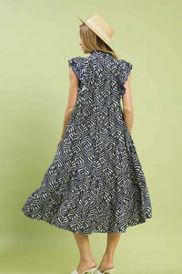 Umgee Leaf Print Tiered Midi Dress with Ruffle Detail in Navy