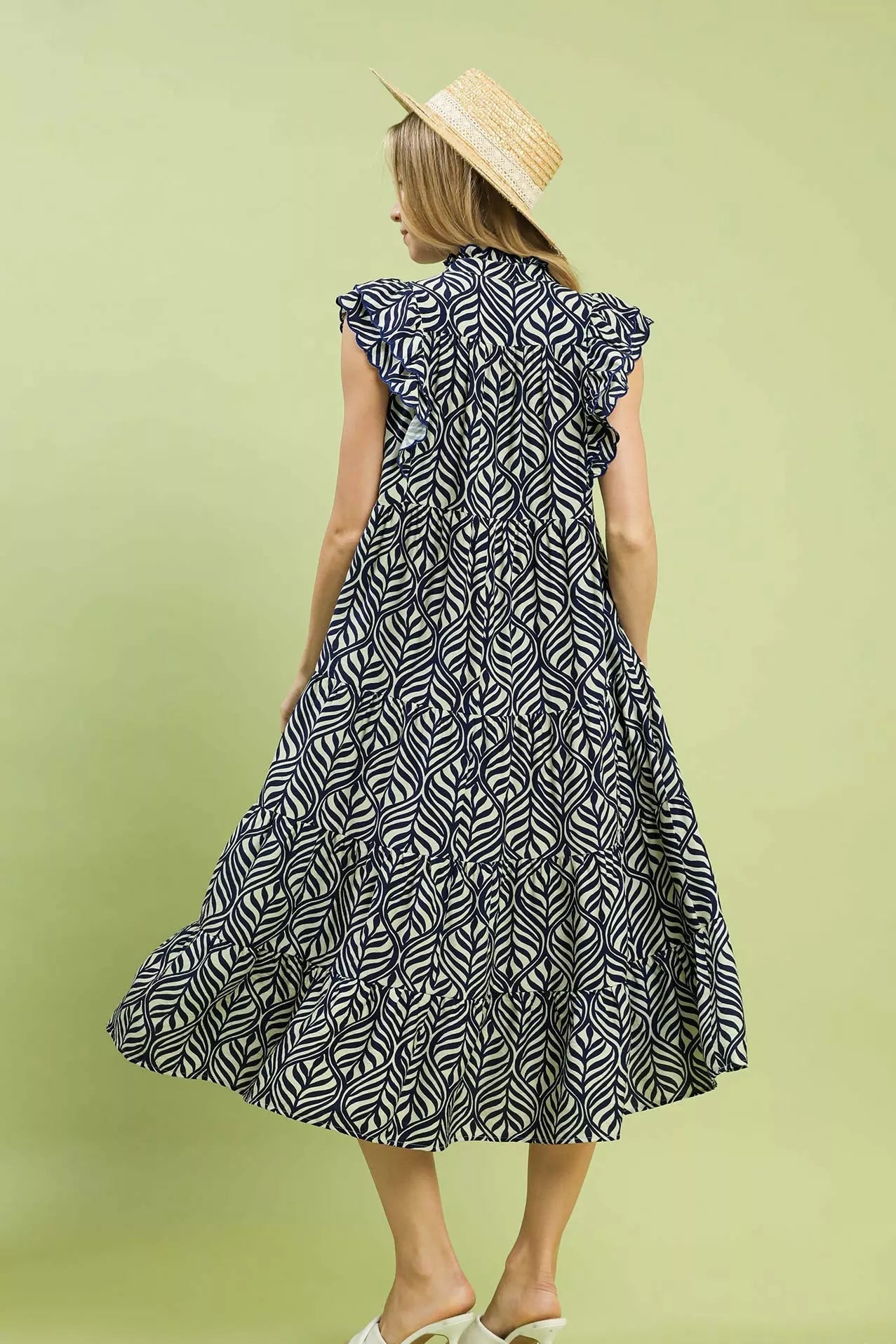 Umgee Leaf Print Tiered Midi Dress with Ruffle Detail in Navy