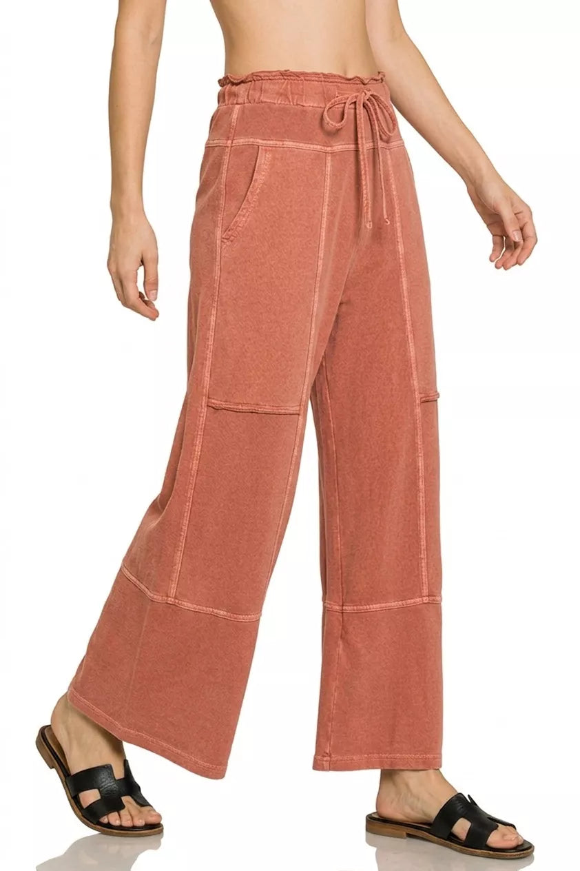 Zenana French Terry Washed Exposed Seam Wide Leg Pants in Rust