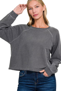 Zenana Washed French Terry Pullover & Pants Set in Black