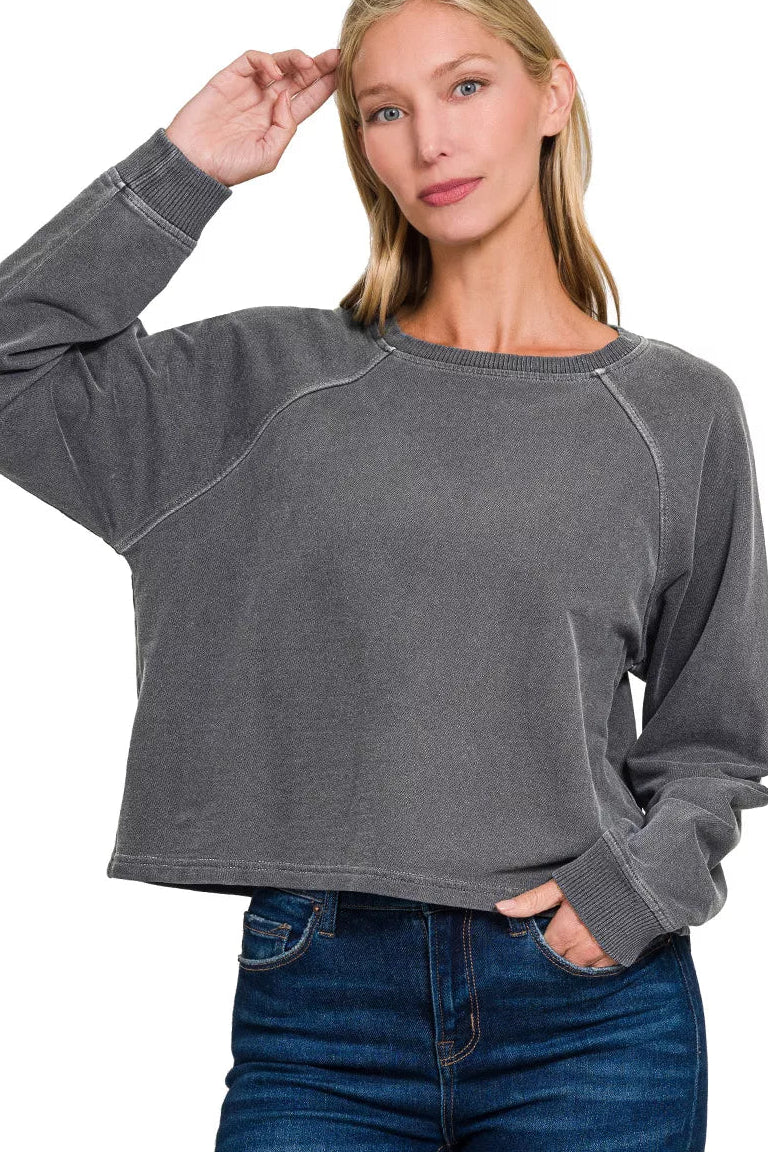 Zenana Washed French Terry Pullover & Pants Set in Black