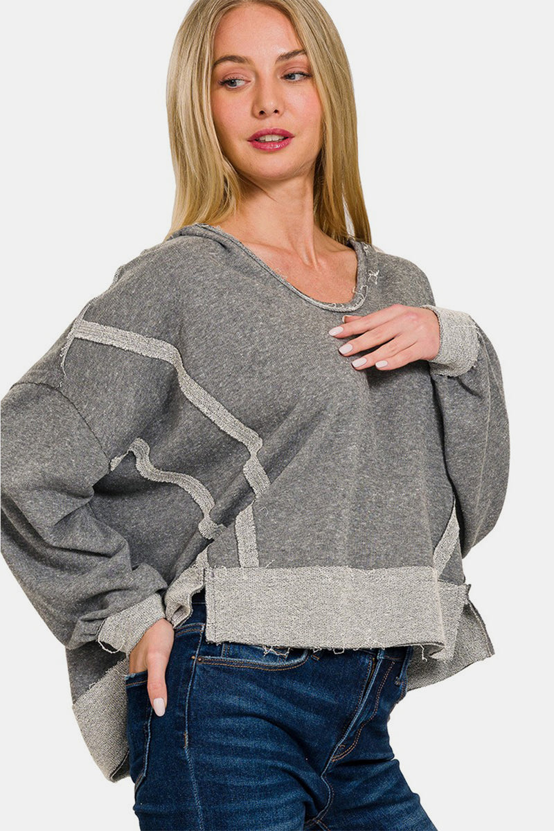 Contrast Trim Boxy Fit Oversized Hoodie. Heather grey relaxed fit hoodie designed with a scoop neckline, hood, drop shoulder, and a boxy cut.