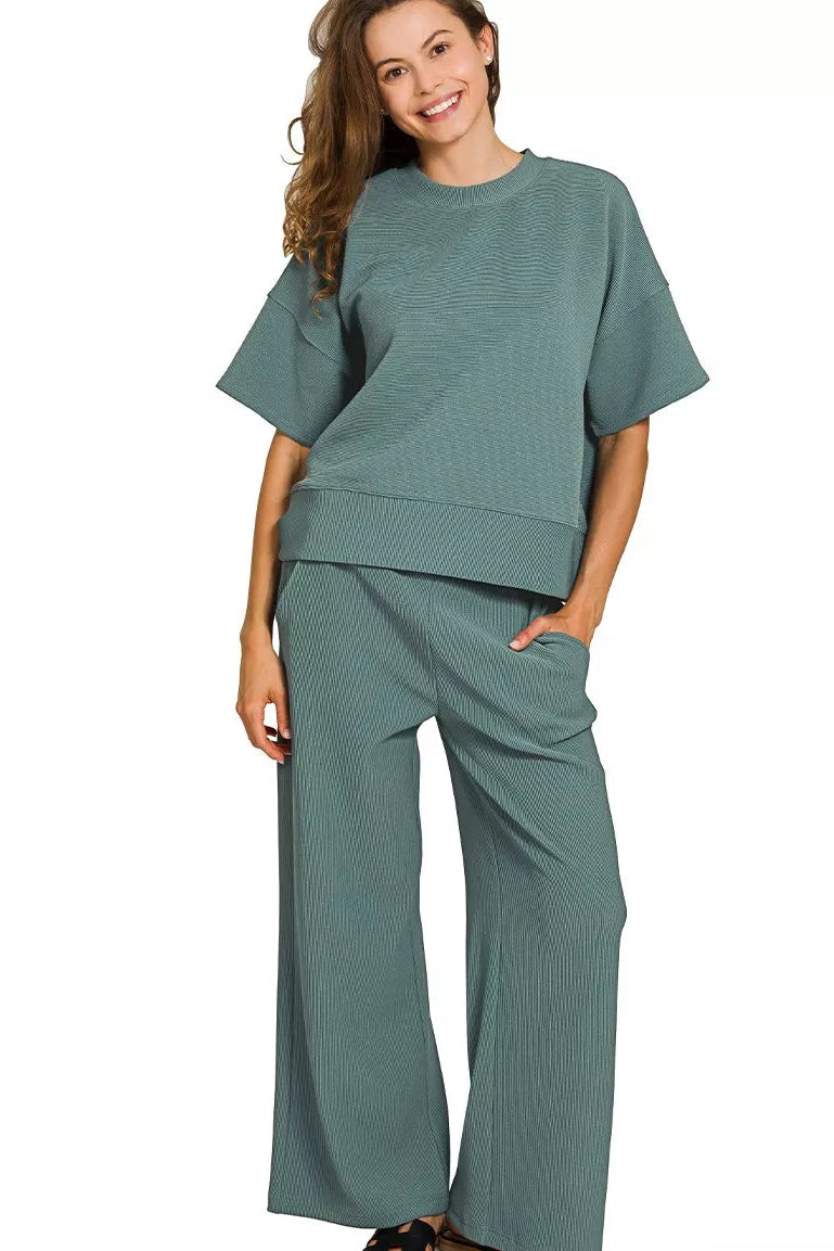 Zenana Ribbed Round Neck Pullover and Pants Set in Ash Jade