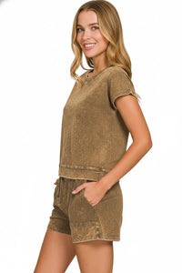 Zenana Premium Cotton Vintage Washed Tee & Shorts Set in Brown