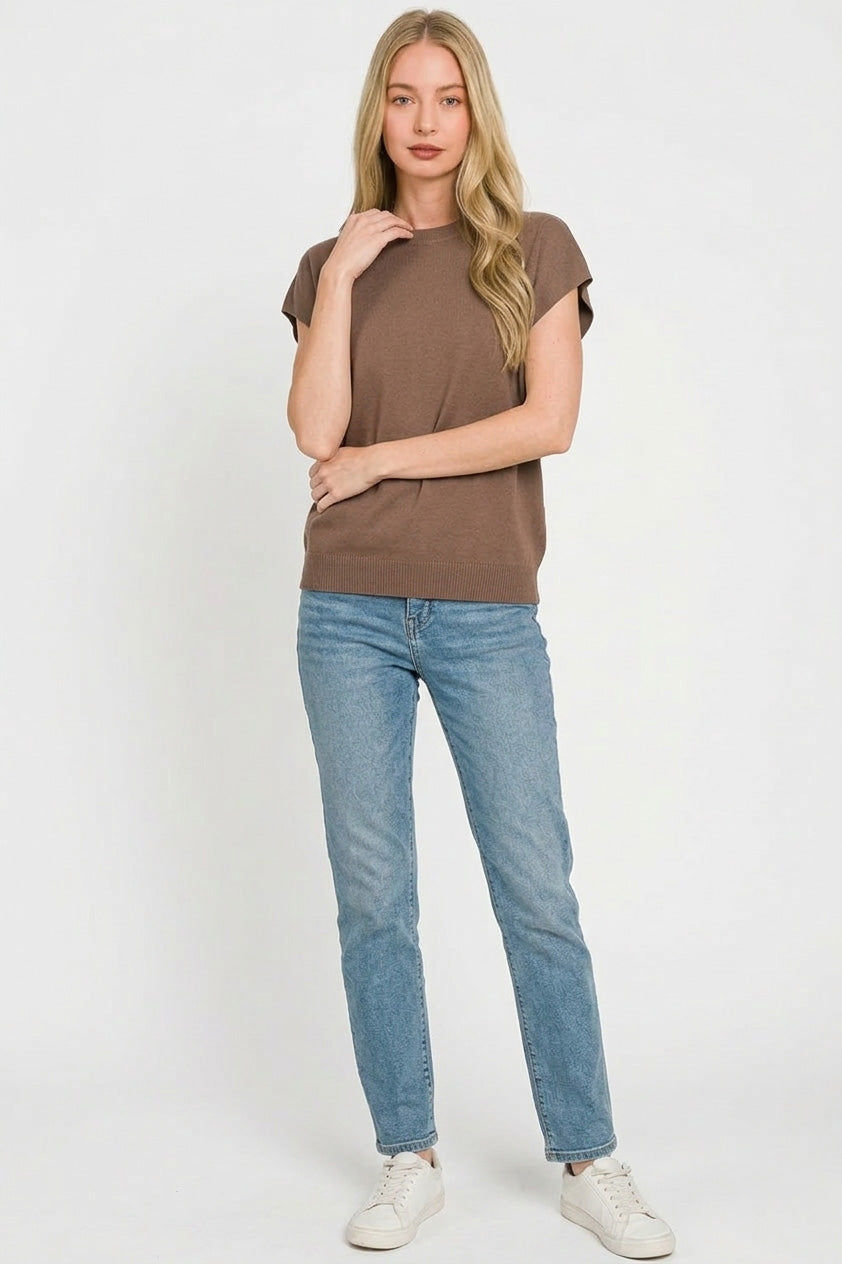 Zenana Viscose Round Neck Short Sleeve Sweater Knit Top in Brown