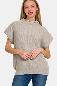 Zenana Heather Mocha Short Sleeve Mock Neck Sweater
