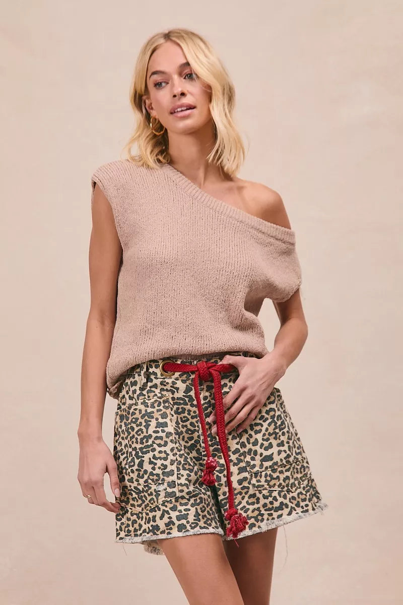Bibi Leopard Print Shorts with Braided Waist Belt and Patch Pockets