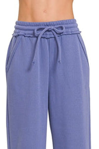 Zenana Fleece Exposed Seam Wide Leg Sweatpants in Marlin Blue