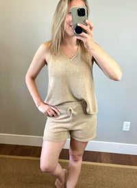 Luxe Sweater Knit Two Piece Tank & Shorts Lounge Set - Taupe