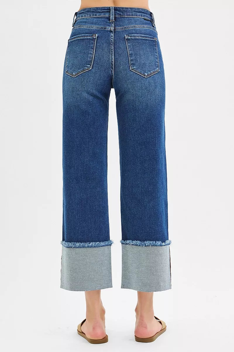 Risen Mid Rise Wide Leg Cuffed Jeans