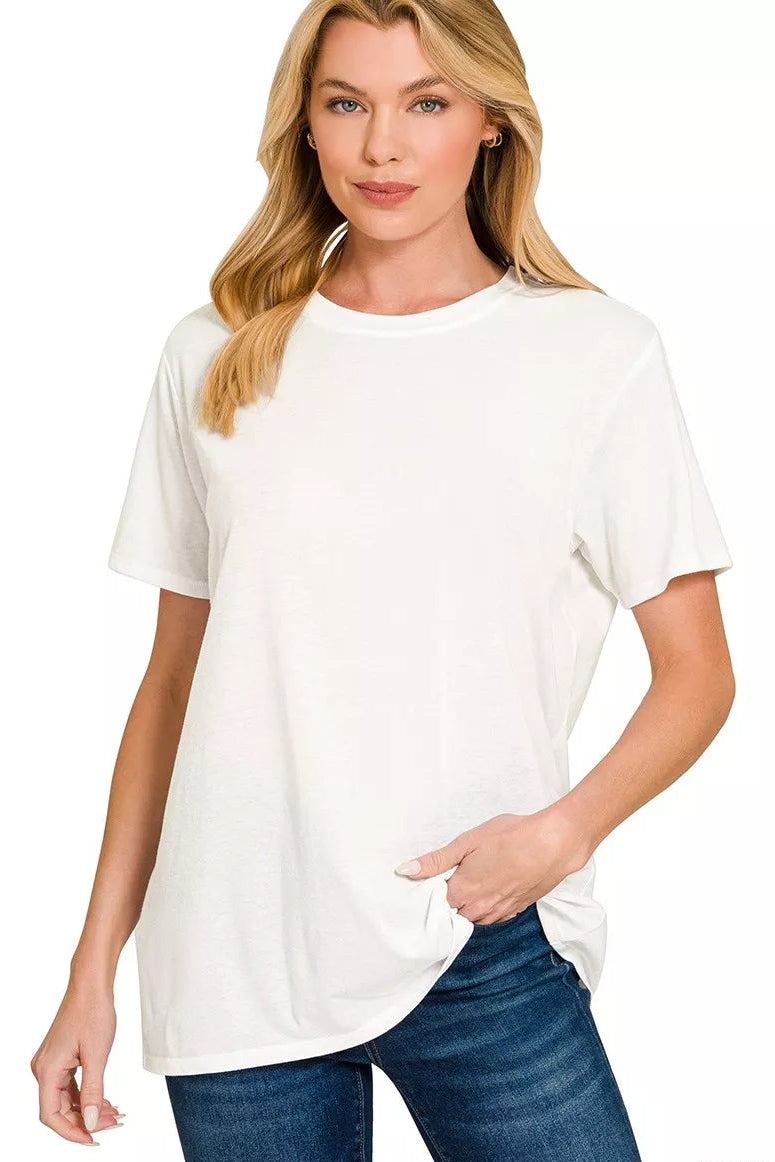 Zenana Cotton Boyfriend Round Neck Tee in White