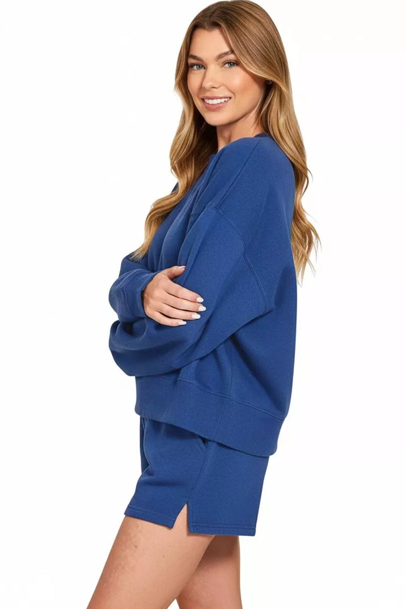 Zenana Fleece Round Neck Pullover Sweatshirt and Shorts Set in Light Navy