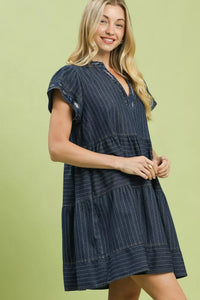 Umgee Chambray Tiered Babydoll Dress in Dark Denim