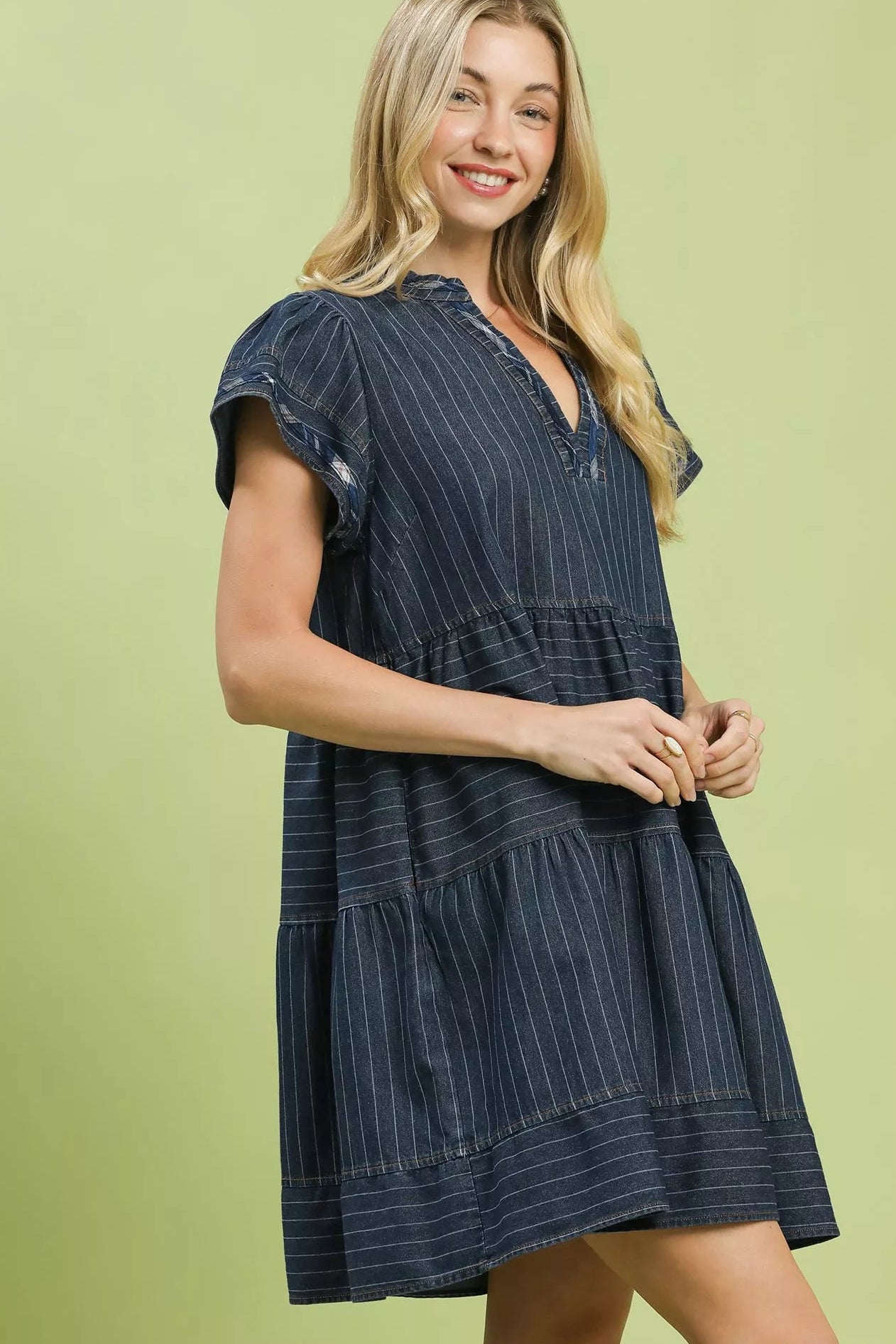 Umgee Chambray Tiered Babydoll Dress in Dark Denim