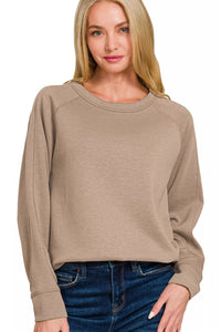 Zenana Scuba Round Neck Pullover Sweatshirt in Cocoa
