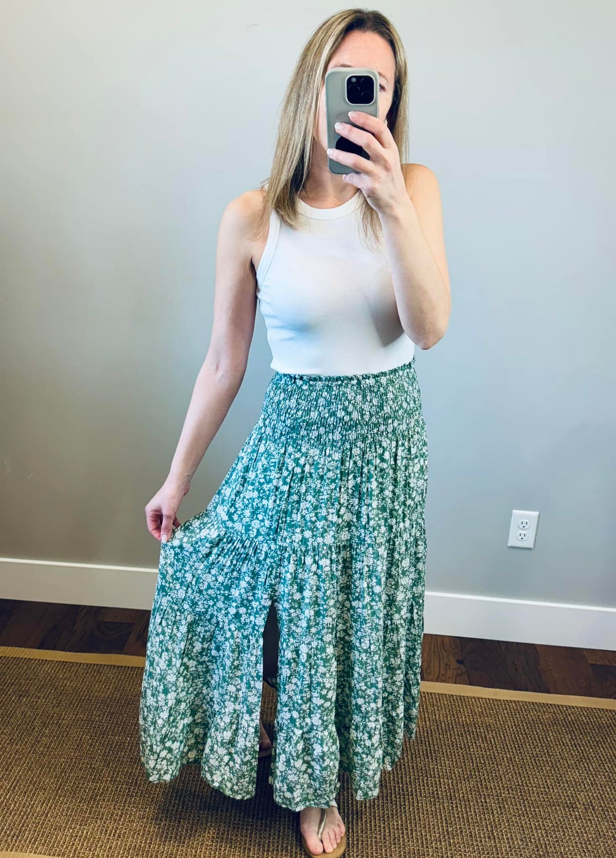 Petite Floral Smocked Waist Midi Skirt - Olive