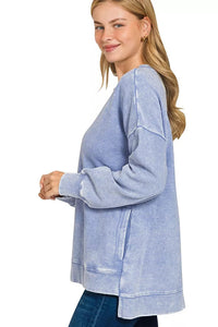 Acid Washed Double Ribbed Hi-low Pullover Sweatshirt in Marlin Blue