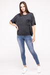 Mineral Washed Ribbed Cuffed Short Sleeve Round Neck Top