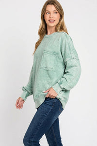 Zenana Halo Washed French Terry Pullover Sweatshirt in Green