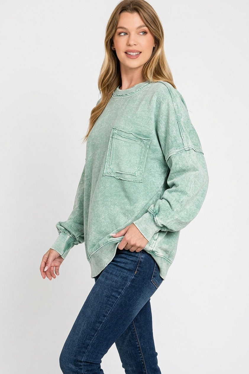 Zenana Halo Washed French Terry Pullover Sweatshirt in Green