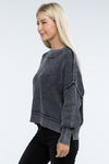 Ribbed Exposed Seam Round Neck Dropped Shoulder Sweater