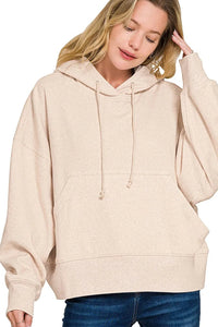 Zenana Fleece Oversized Kangaroo Pocket Hoodie in Heather Beige