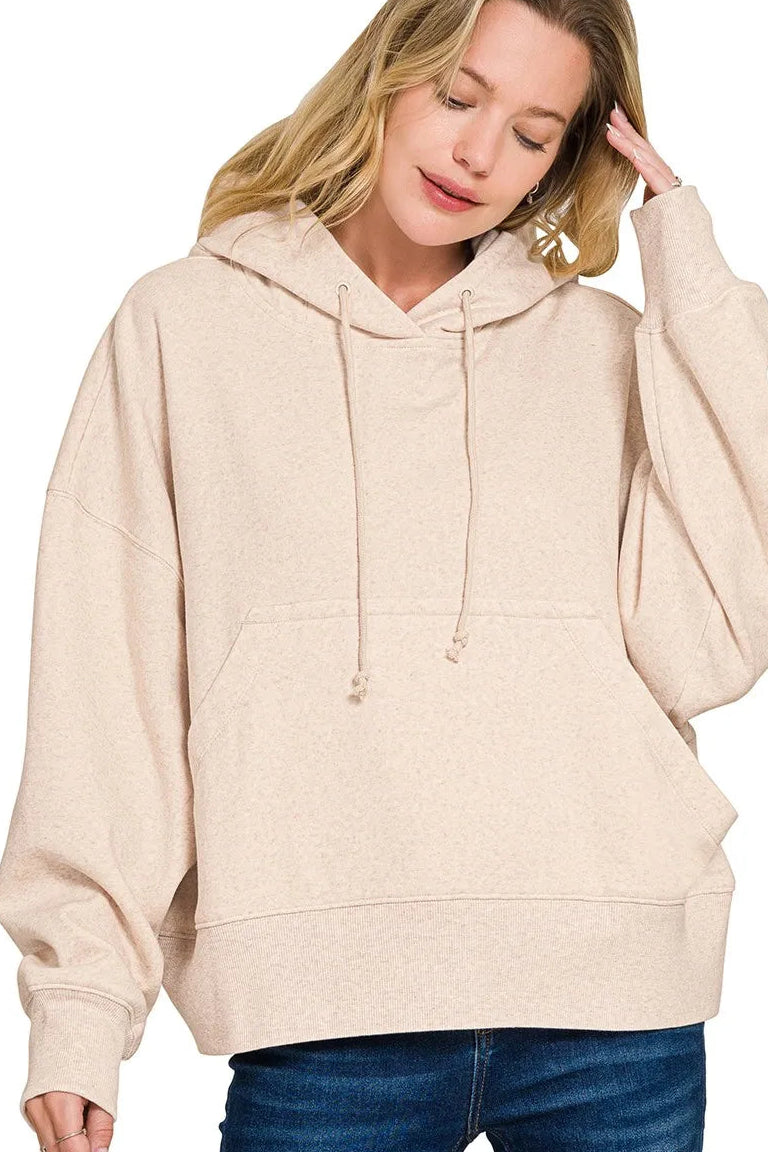 Zenana Fleece Oversized Kangaroo Pocket Hoodie in Heather Beige
