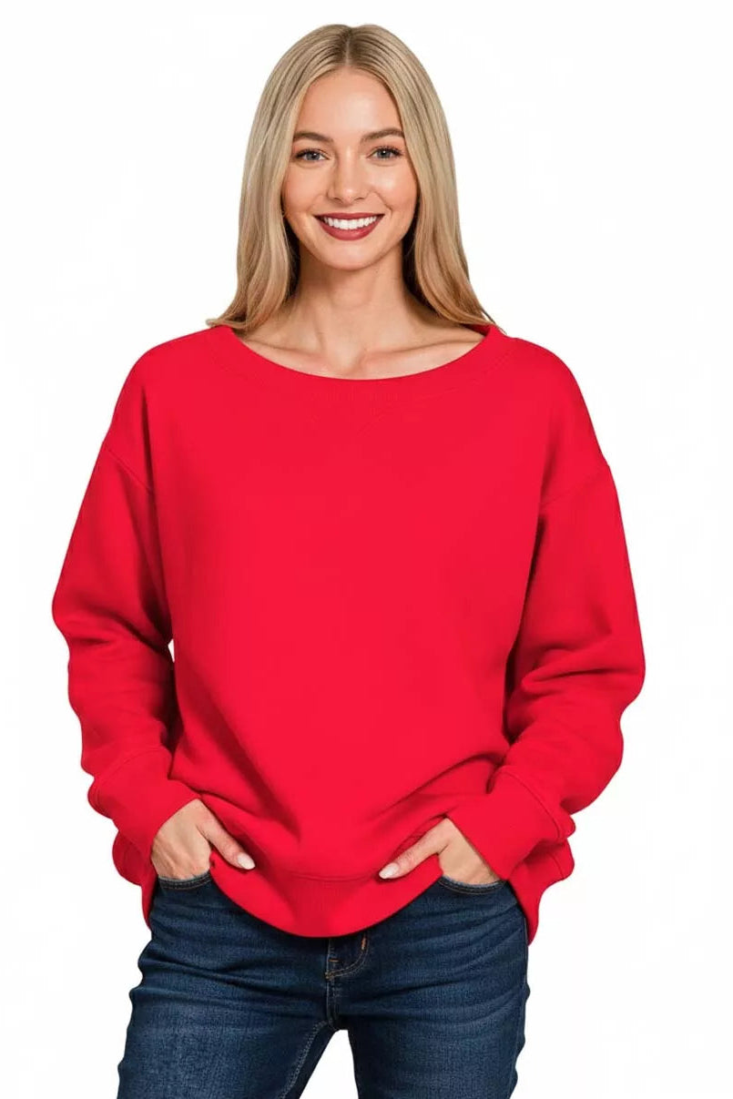 Zenana Fleece Boat Neck Sweatshirt in Ruby Red