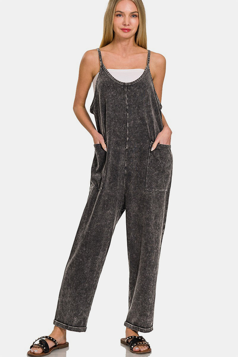 Comfy Fit Washed Spaghetti Straps Jumpsuit with Pockets