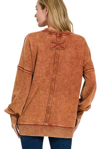 Acid Washed French Terry Pullover Sweatshirt in Rust