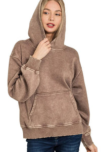 Zenana Fleece Mineral Wash Basic Hoodie in Brown