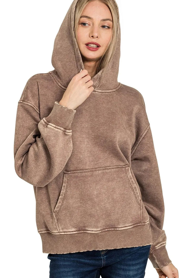 Zenana Fleece Mineral Wash Basic Hoodie in Brown