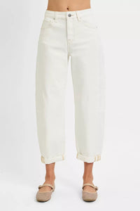 Risen High Rise Cream Barrel Cropped Jeans