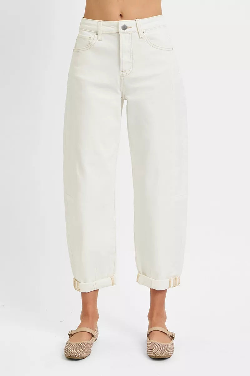 Risen High Rise Cream Barrel Cropped Jeans
