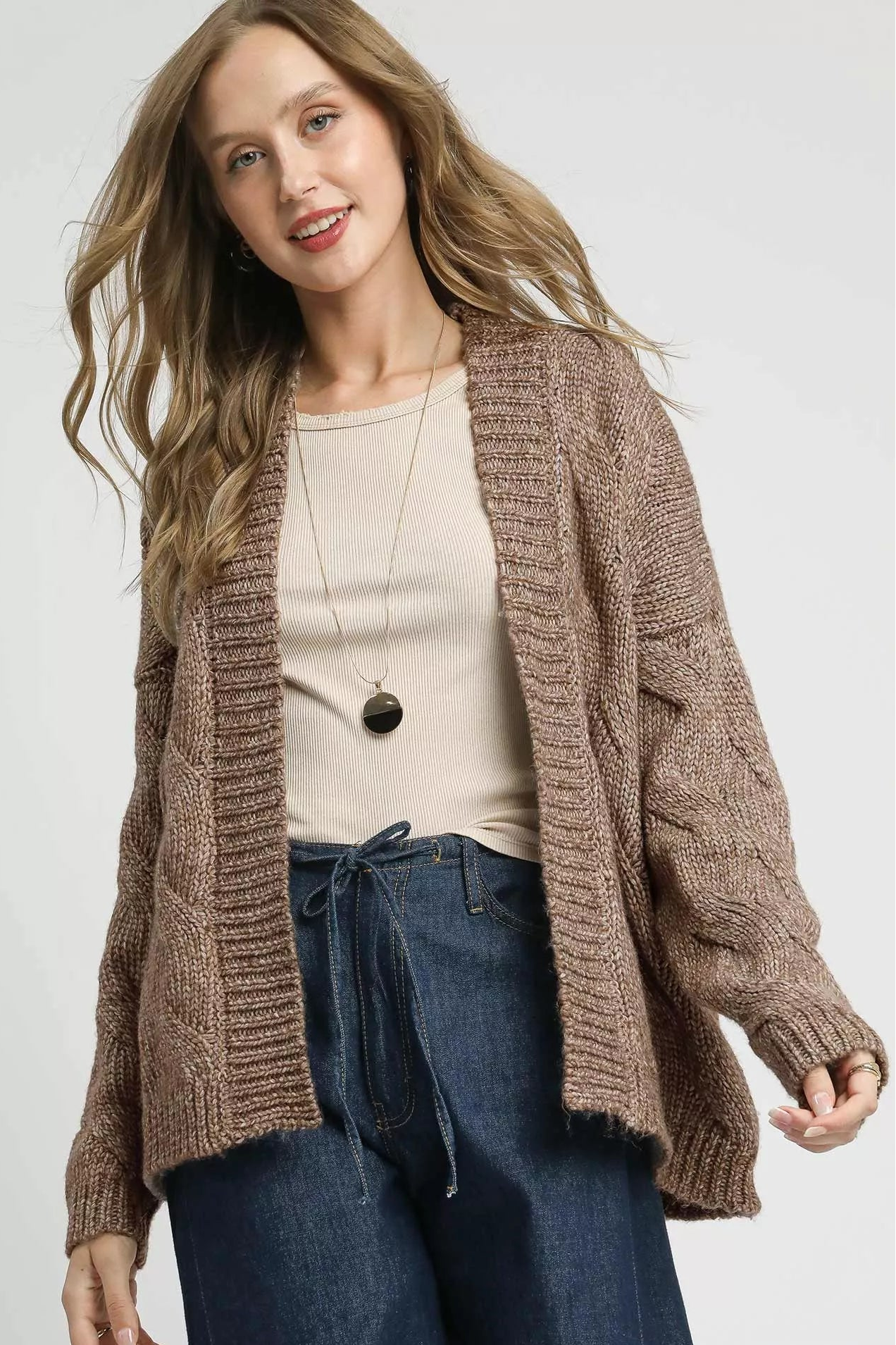 Chunky Cable Knit Open Front Cardigan in Mocha